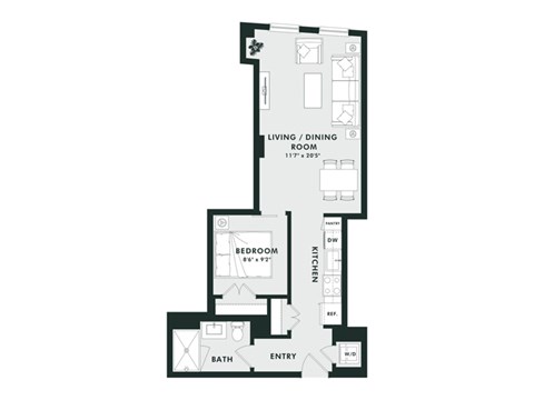 Floor plan for 1 bed, 1 bath, 628 sqft
